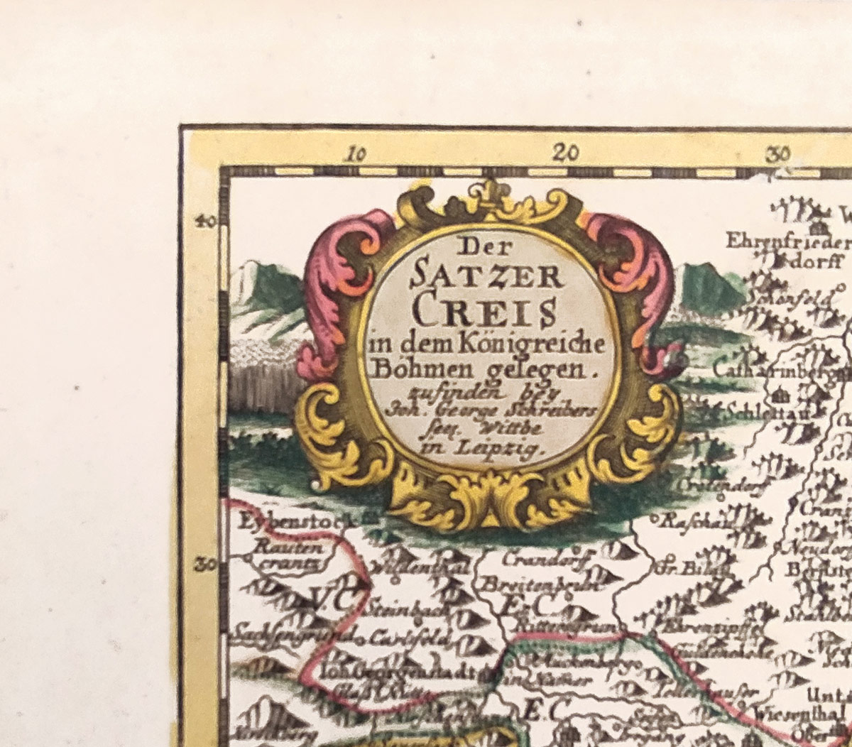 Žatecký kraj – Johann George Schreiber, staře kolorovaný původní mědiryt, 1741