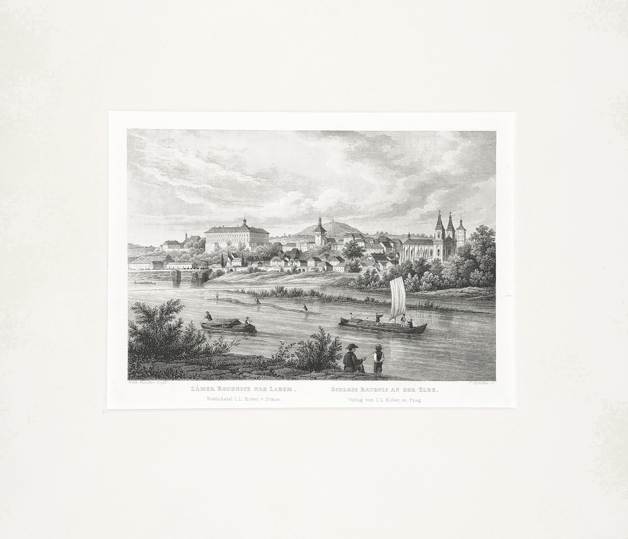 Roudnice nad Labem – Pohled na zámek přes řeku Labe, J. Rybička, původní oceloryt, ca 1860