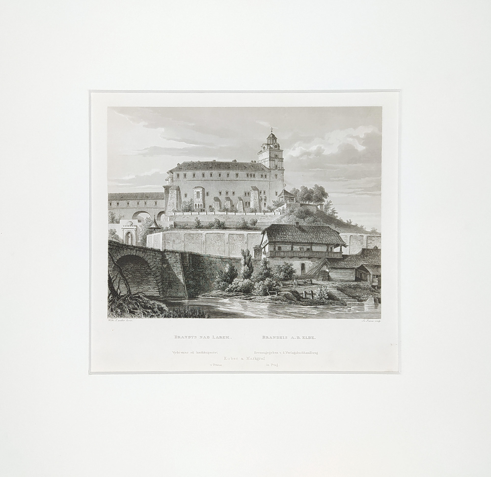 Brandýs nad Labem – Pohled na zámek přes řeku Labe, A. Fesca, původní oceloryt, ca 1860