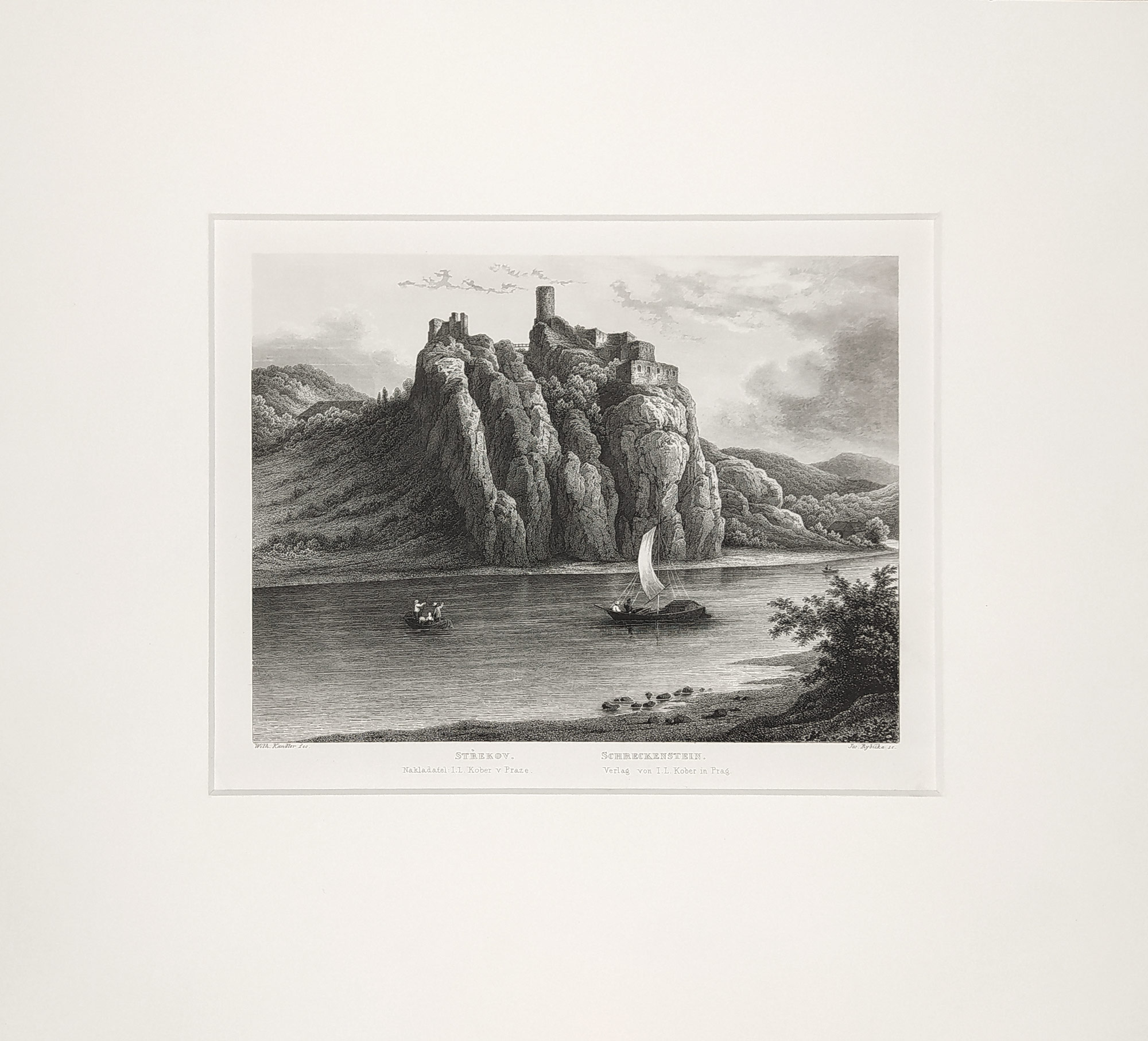 Ústí nad Labem – Pohled na Střekov přes řeku Labe, J. Rybička, původní oceloryt, ca 1860