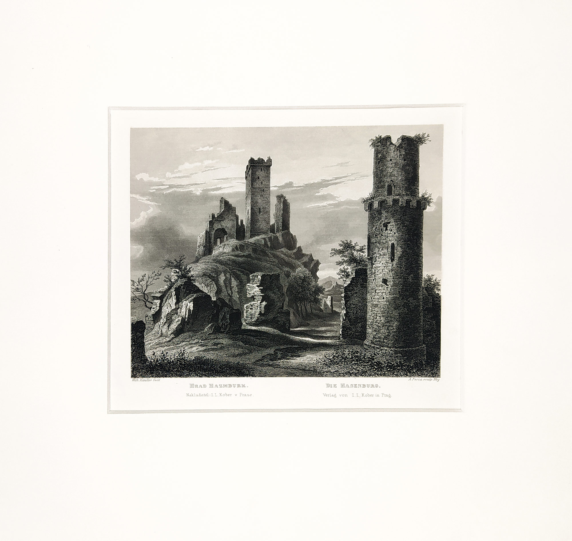 Hazmburk – Zřícenina hradu Hazmburk, A. Fesca, původní oceloryt, ca 1860