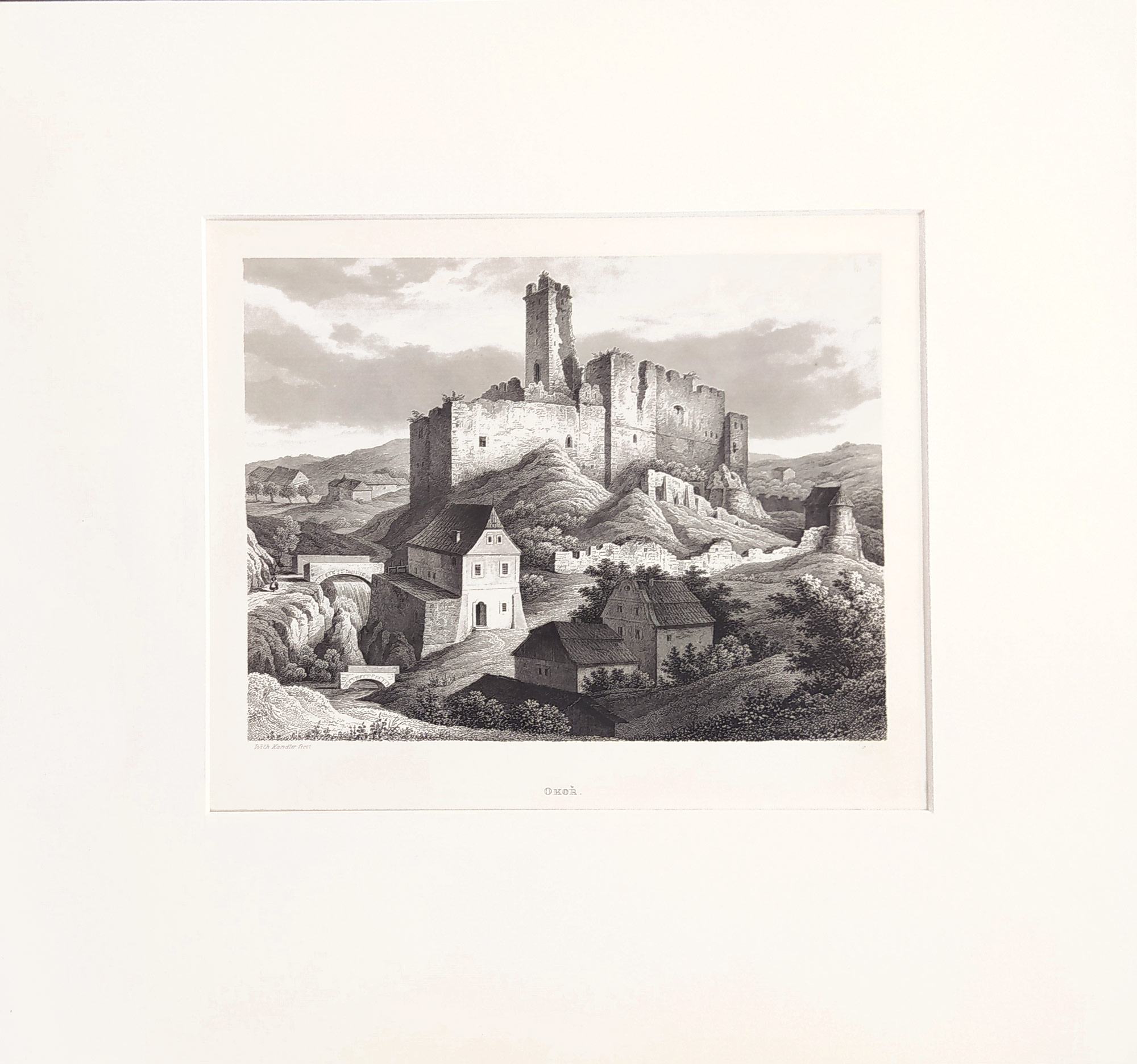 Okoř – Zřícenina hradu Okoř, J. Rybička, původní oceloryt, 1865