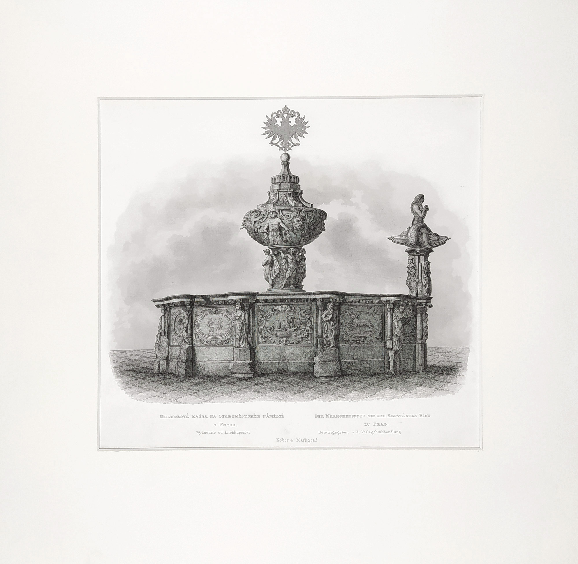 Praha – Krocínova kašna na Staroměstském náměstí, původní oceloryt, 1865