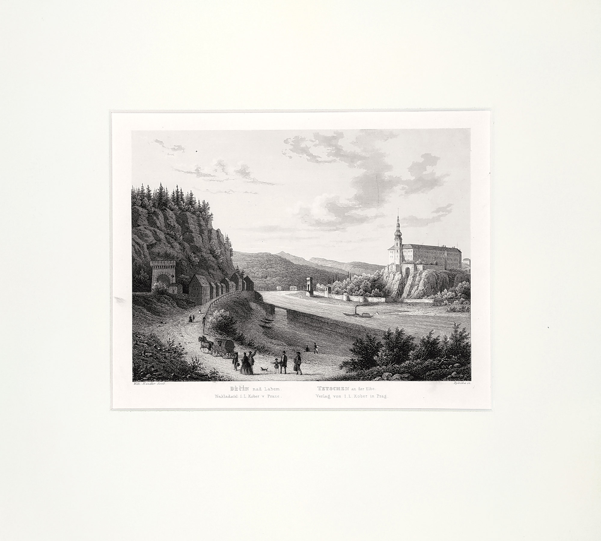 Děčín – Pohled na zámek přes řeku Labe, J. Rybička, původní oceloryt, 1865