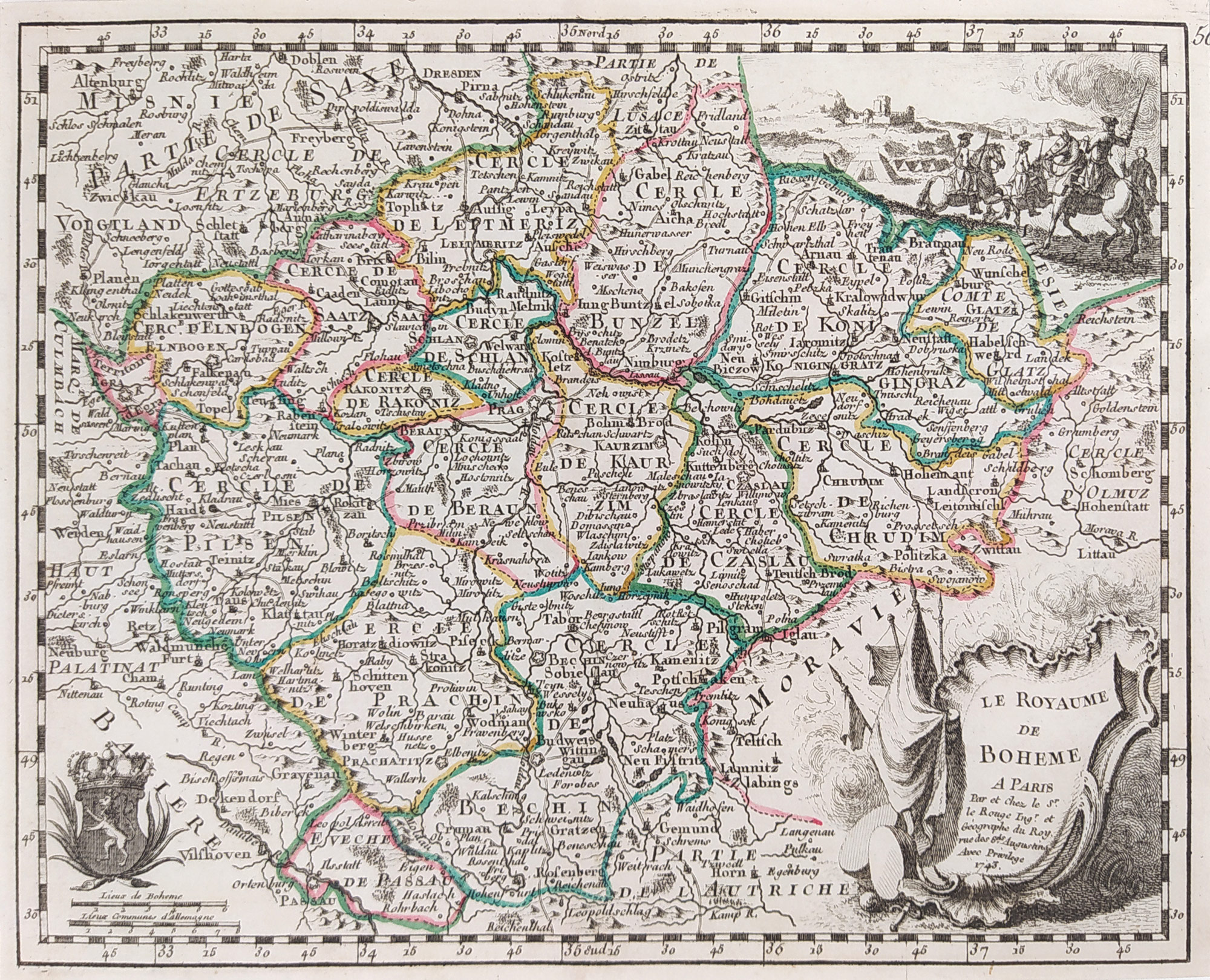 Čechy – podle Le Rougeovy mapy, J. B. Crépy, staře kolorovaný původní mědiryt, 1767