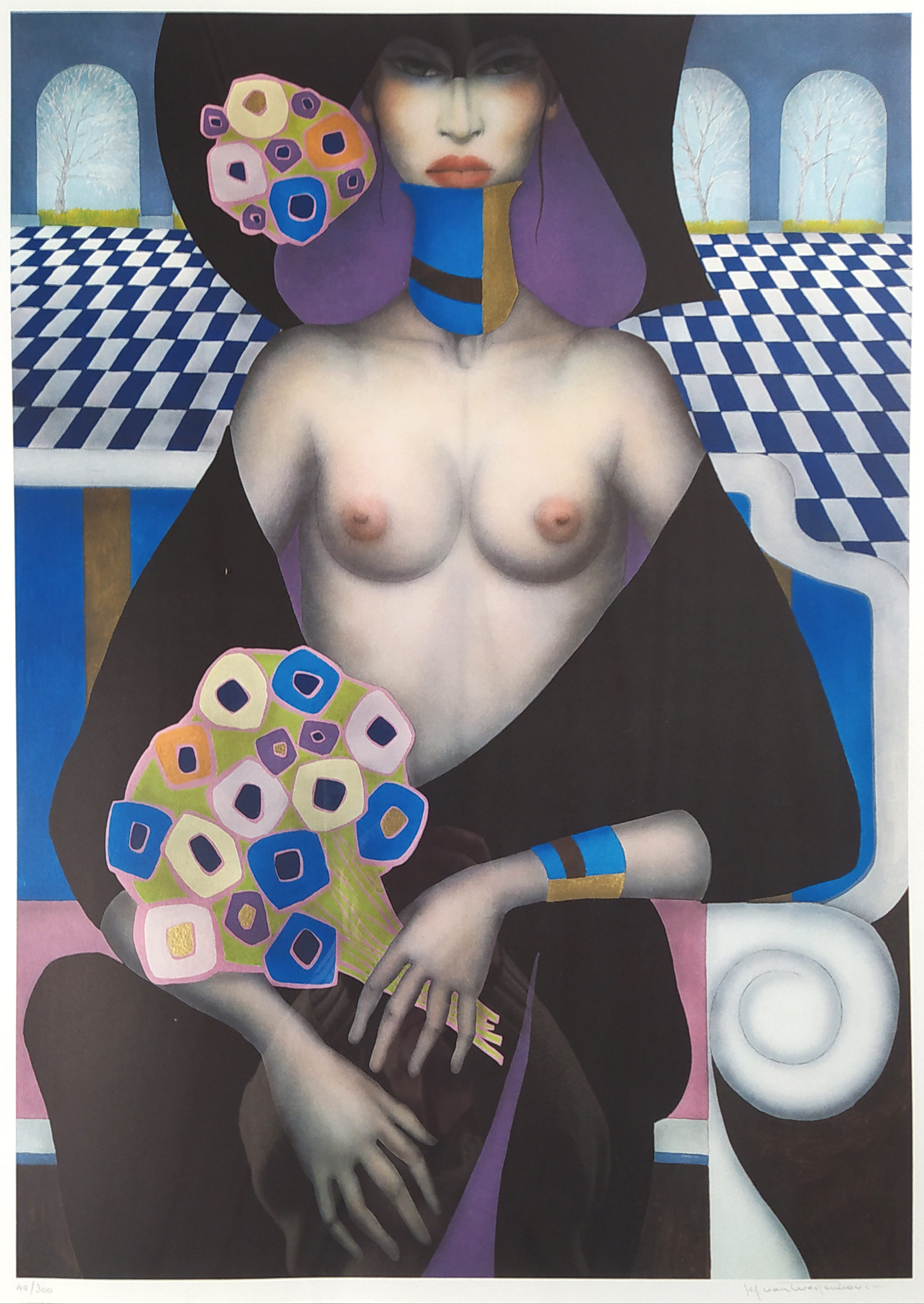 van Tuerenhout, Jef – Žena s květinami, velkoformátová barevná litografie, číslováno 40/300, ca 1970