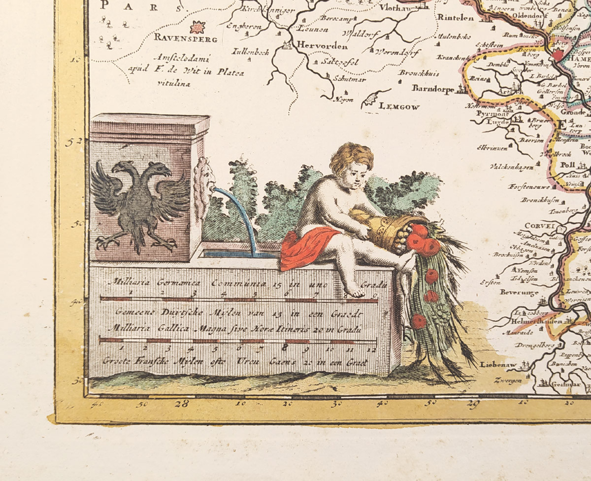 Německo, Niedersachsen – Dolnosaský kraj, Covens a Mortier podle Fredericka de Wita, staře kolorovaný původní mědiryt 1750