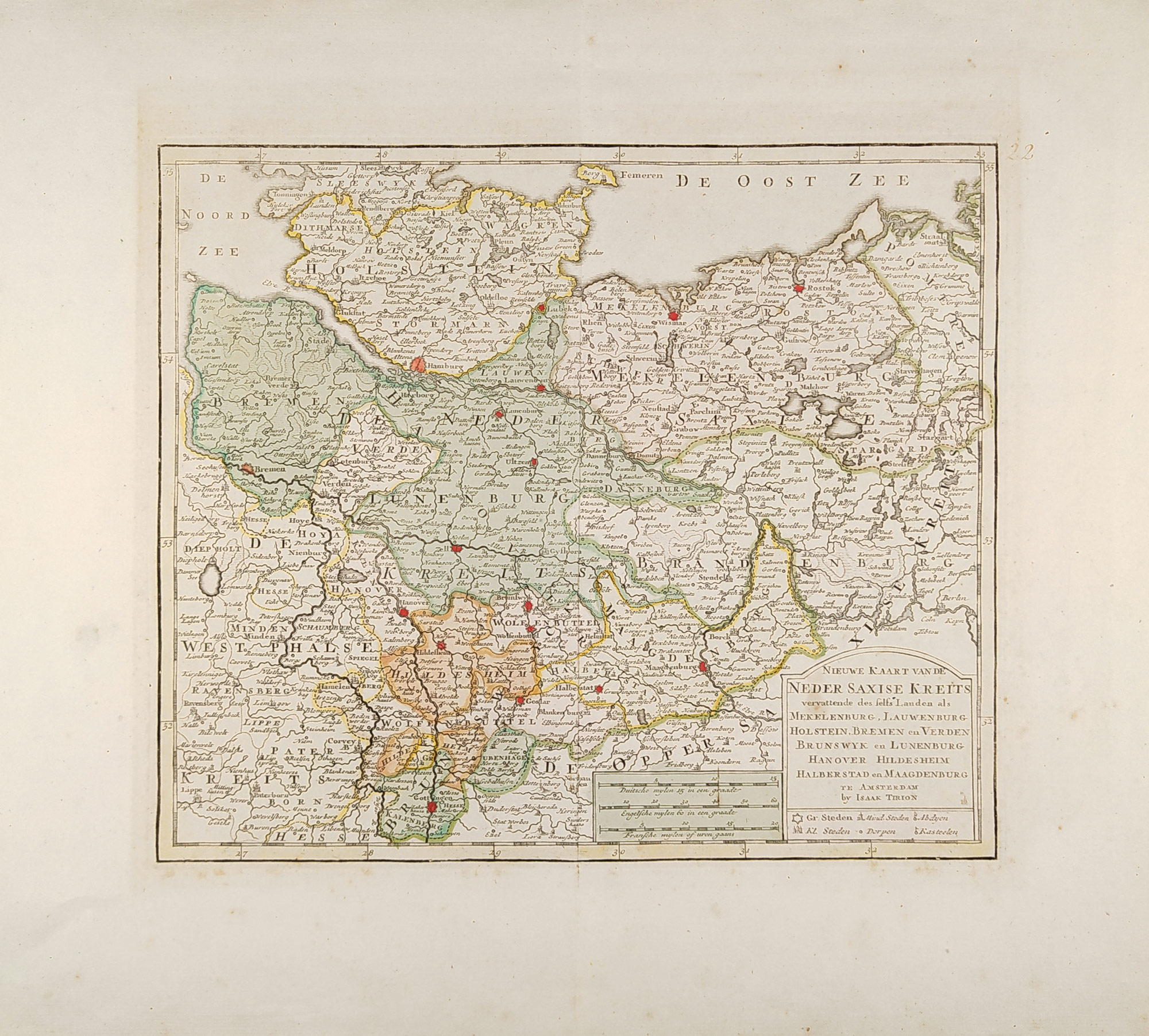 Německo, Niedersachsen – Dolnosaský kraj, Isaak Tirion, staře kolorovaný původní mědiryt, 1740