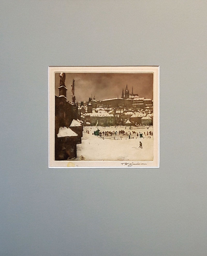 Šimon Tavík František – Kluziště pod Karlovým mostem, barevný lept, 1916