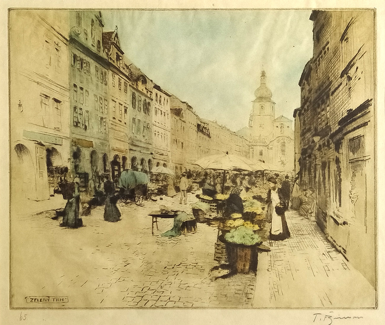 Šimon Tavík František – Zelný trh, Praha, barevný lept, 1908