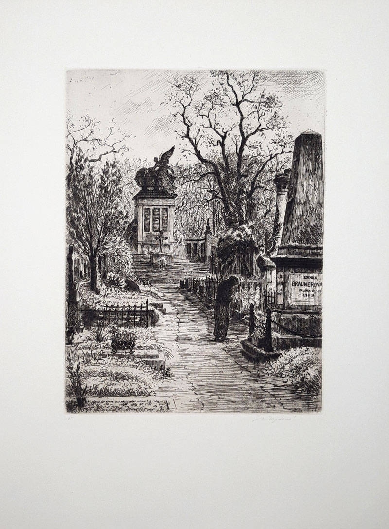 Kazdová-Hirková Milada – Praha, Vyšehrad, hrobka Zdenky Braunerové, původní lept, ca 1930