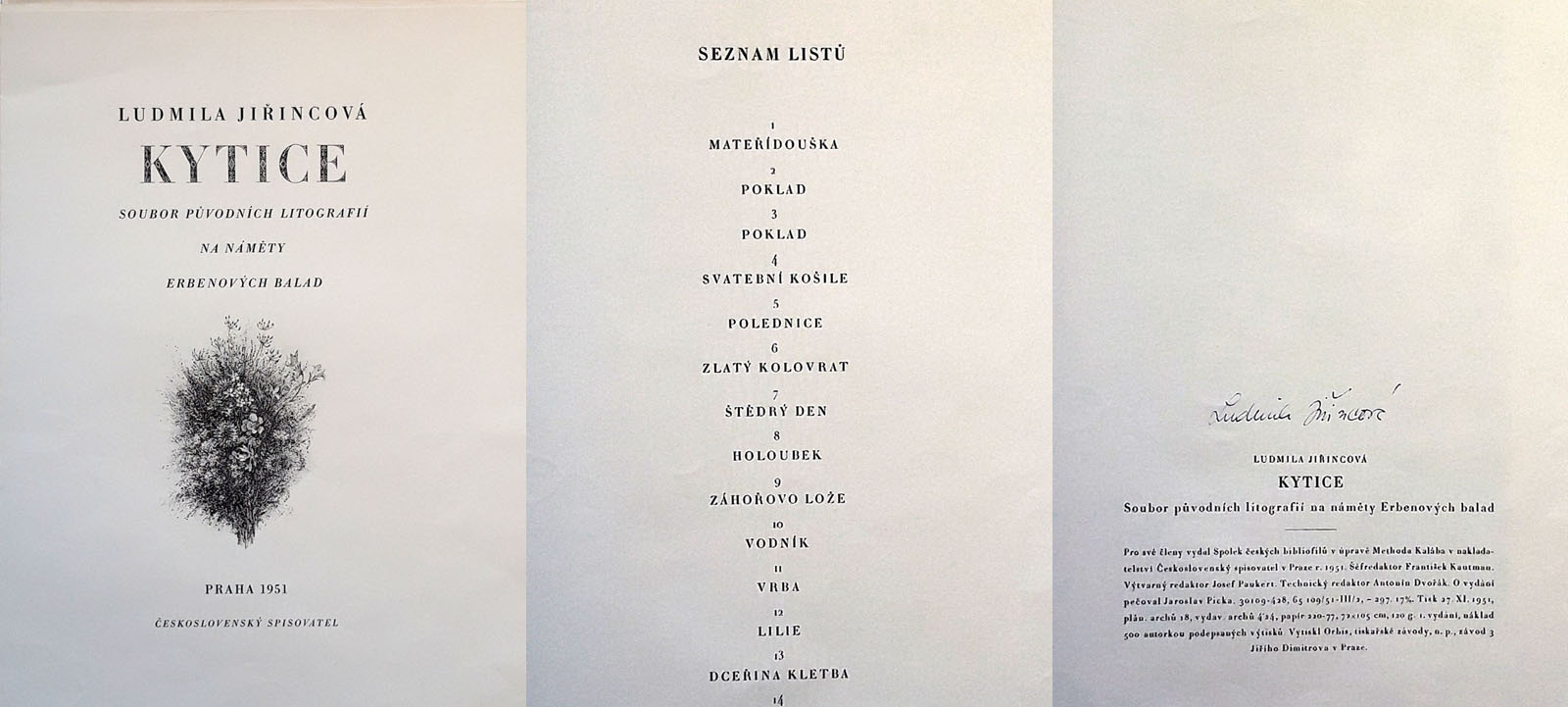 Jiřincová Ludmila – Kytice, 14 původních litografií, 1951