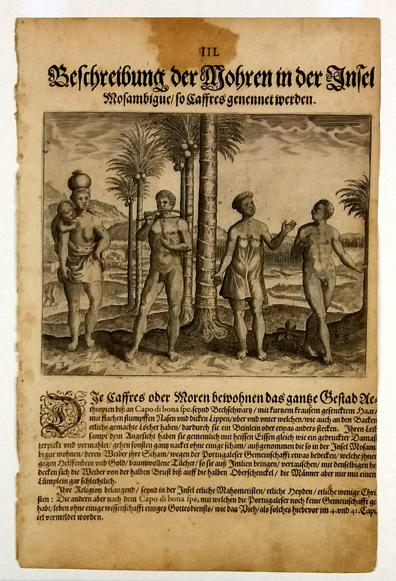 Afrika – Mosambik, domorodí obyvatelé, Johann Theodor de Bry, původní mědiryt, 1613