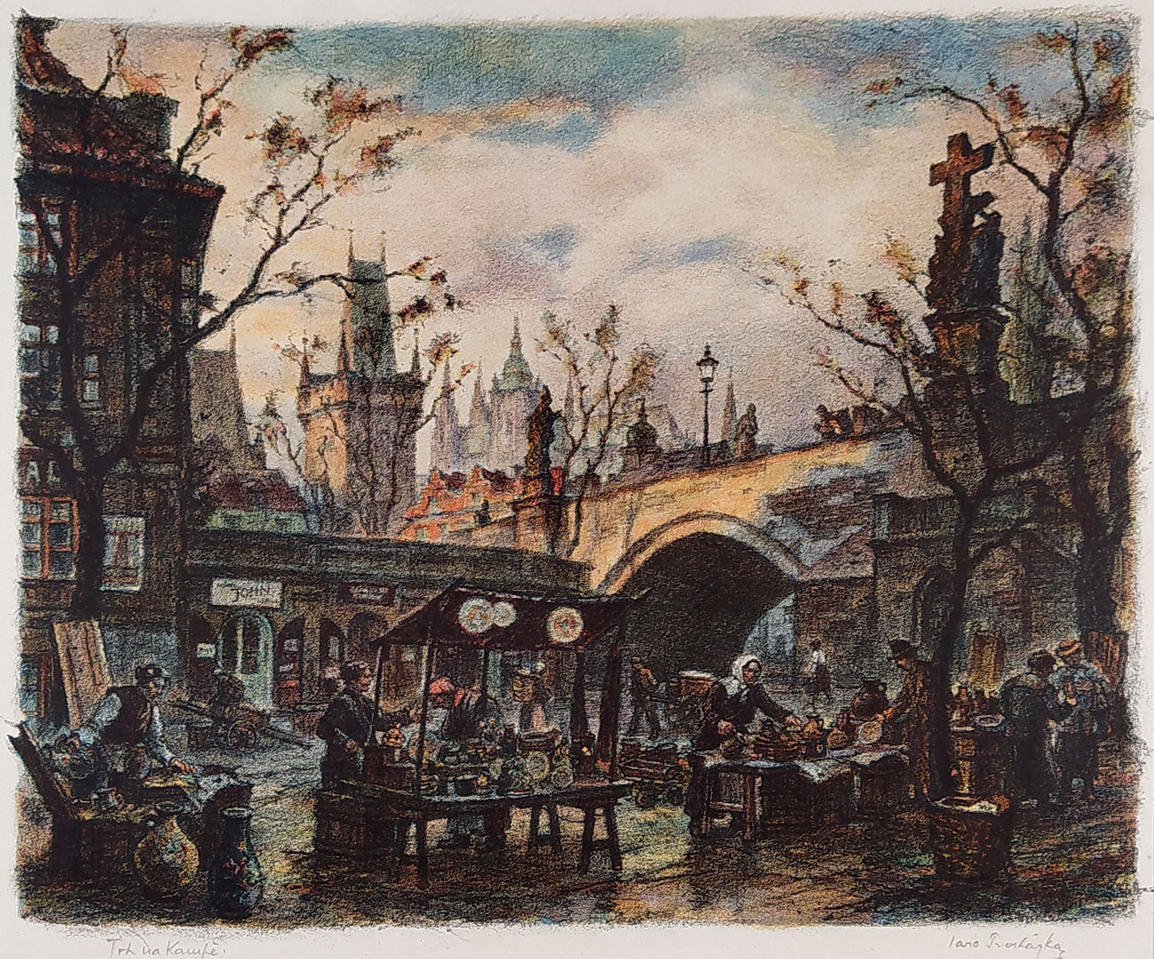Procházka Jaro – Praha, Trh na Kampě, barevná litografie, ca 1920