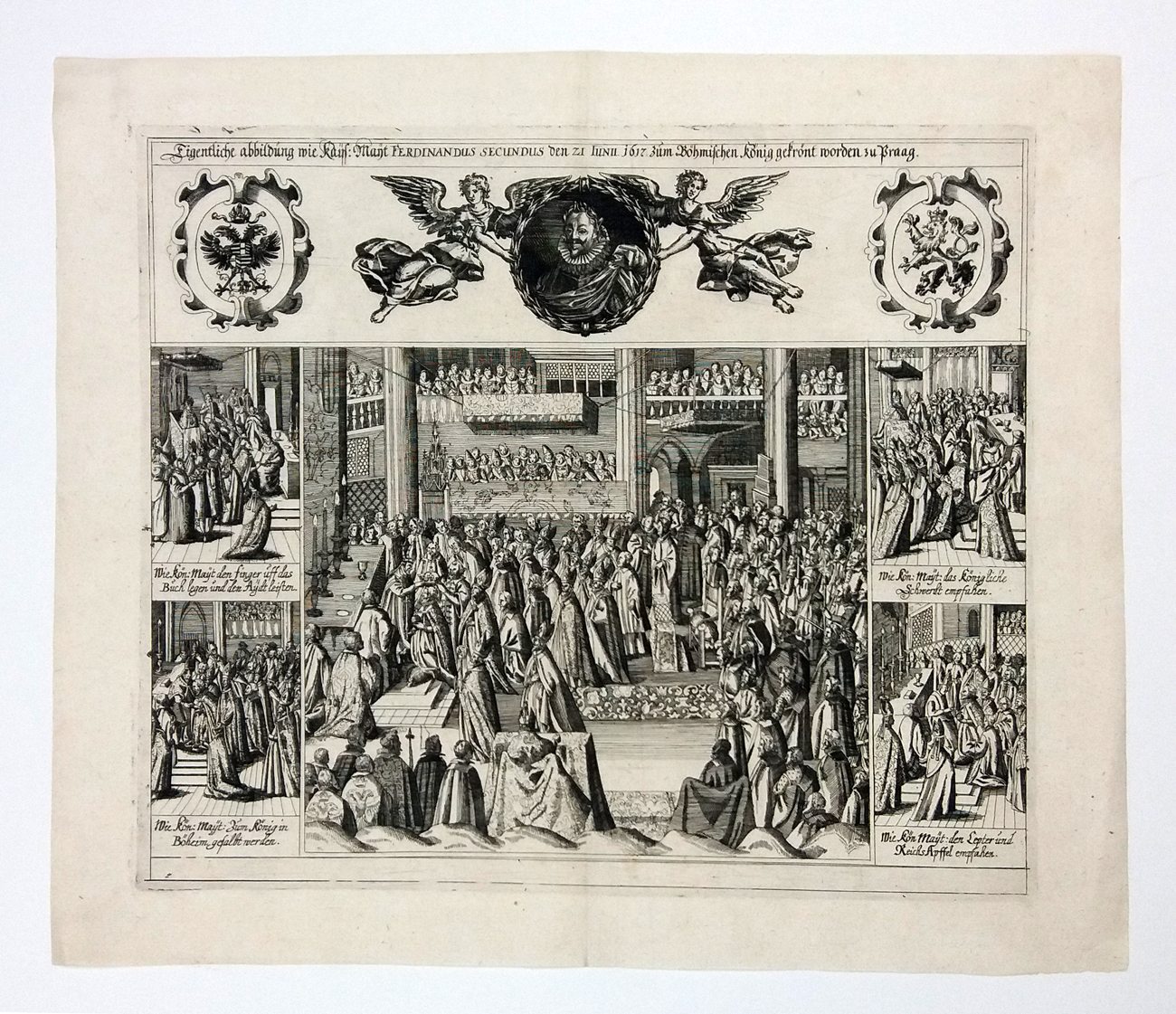 Praha – Korunovace císaře Ferdinanda II. českým králem v Praze 21. 6. 1617, pragensia, mědiryt
