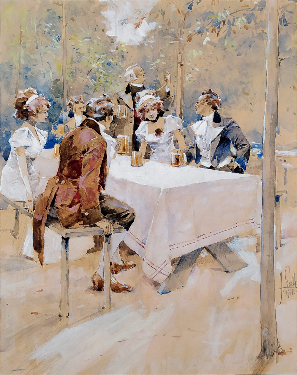 – Goth Jan – Společnost v zahradní restauraci, akvarel, 1911