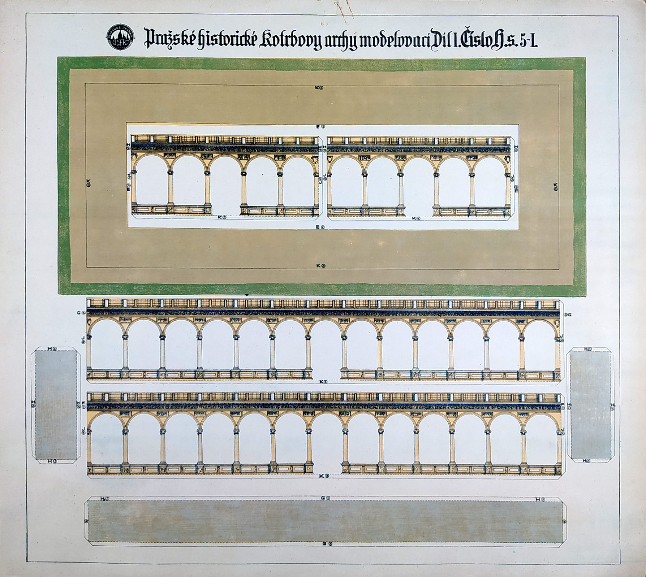 Praha, Belvedér – 2 archy modelovací, původní barevná litografie, ca 1920