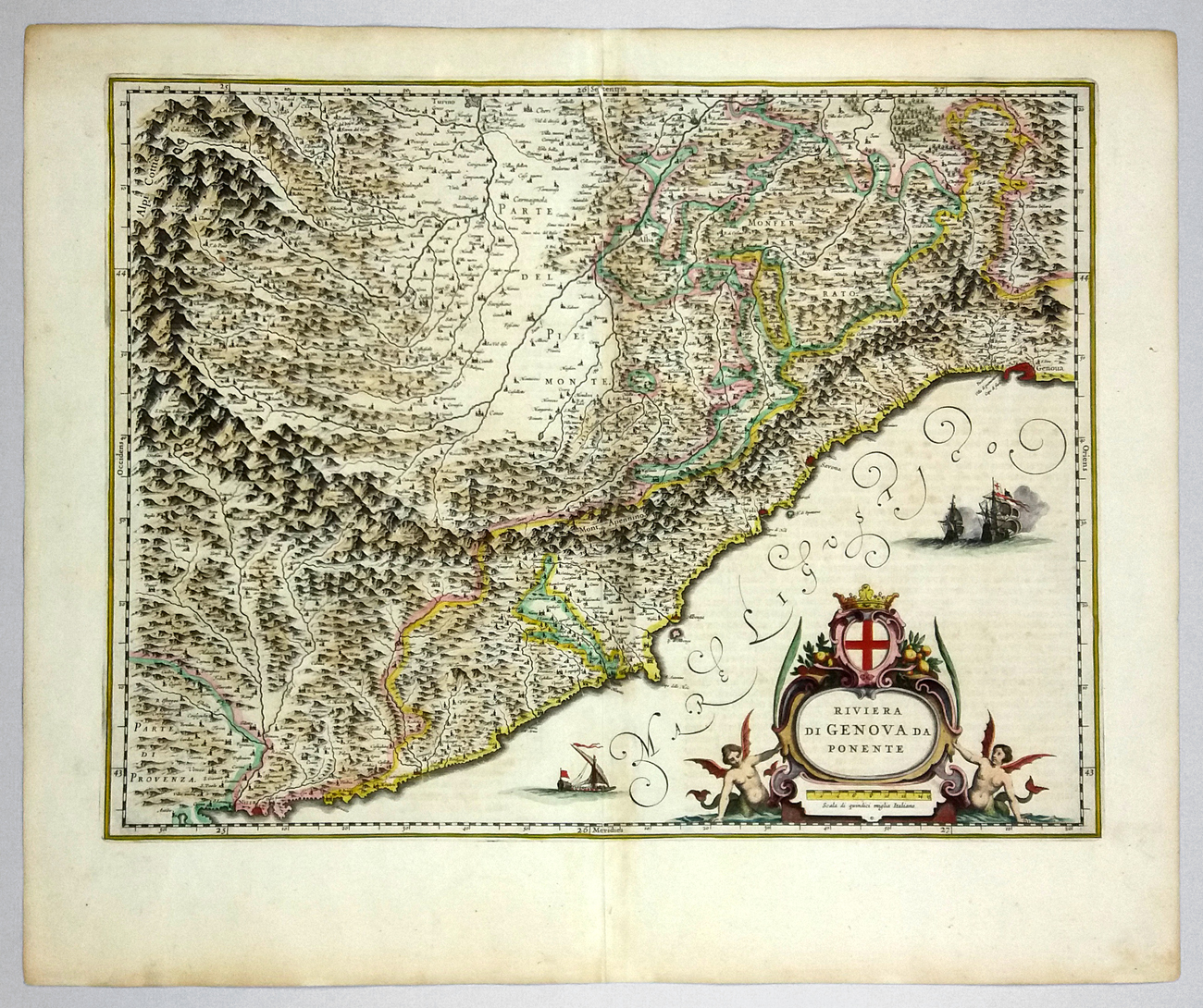 Itálie – stará mapa západní části italské Riviéry, Willem Janszoon Blaeu, původní mědiryt, 1641
