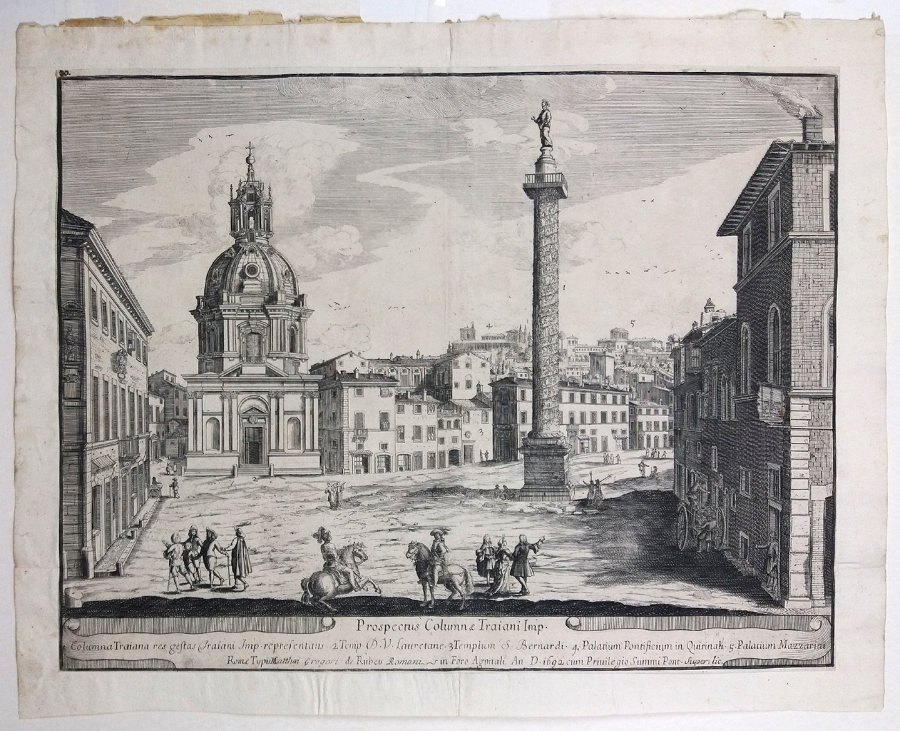 Itálie – Řím, Trajánův sloup, Matteo Gregrio de Rossi, veduta, původní mědiryt, 1693