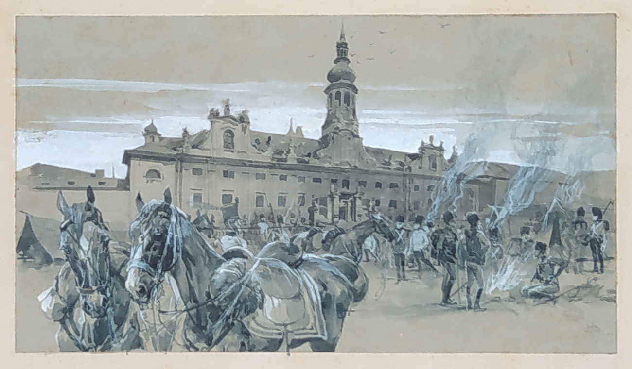 Oliva Viktor – Pražská Loreta s vojenským ležením, kresba tuší a bělobou, ca 1900