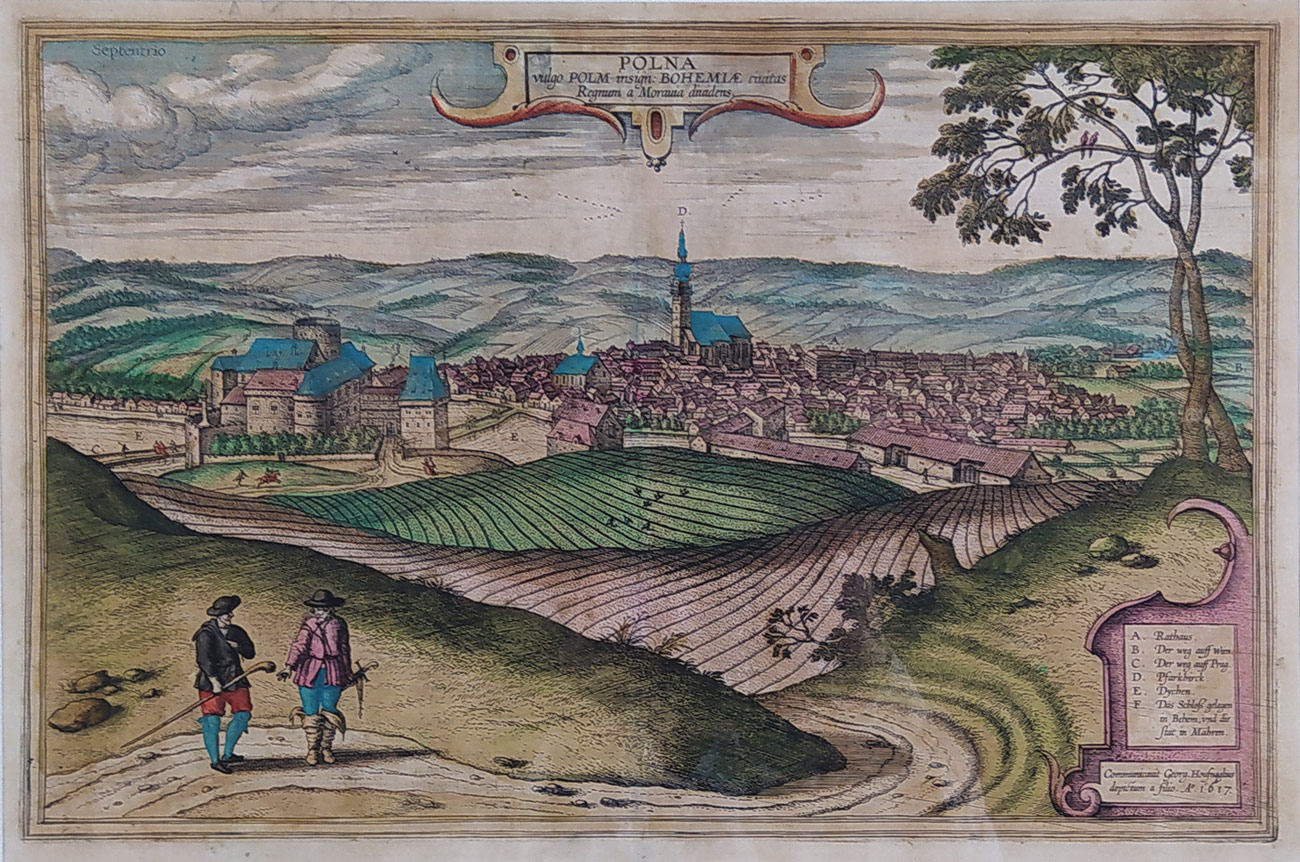 Polná – Hufnagel G., původní staře kolorovaný mědiryt, veduta, 1617