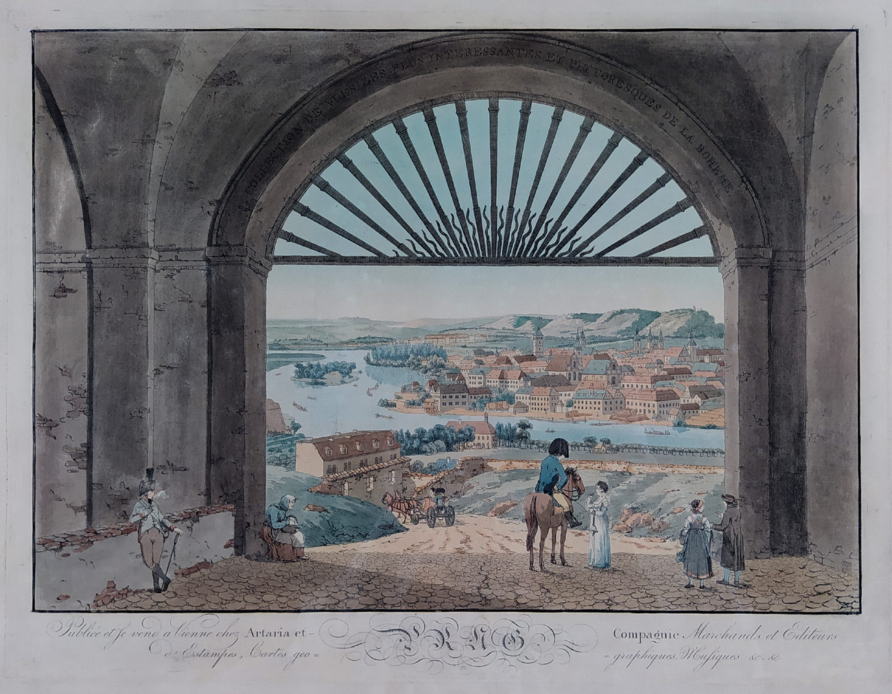 Praha – Lorenz Janscha, Karel Postl, staře kolorovaný lept s akvatintou, ca 1810