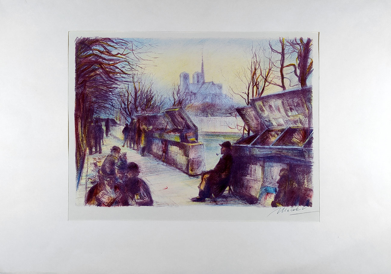 Mašek Václav – Bukinisté v Paříži, barevná litografie, ca 1940