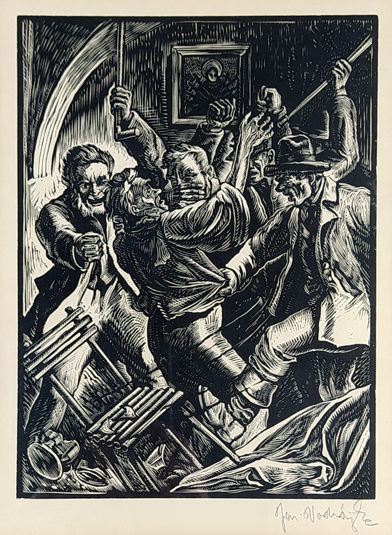 Vodrážka Jaroslav – Hospodská rvačka, původní dřevoryt, ca 1920