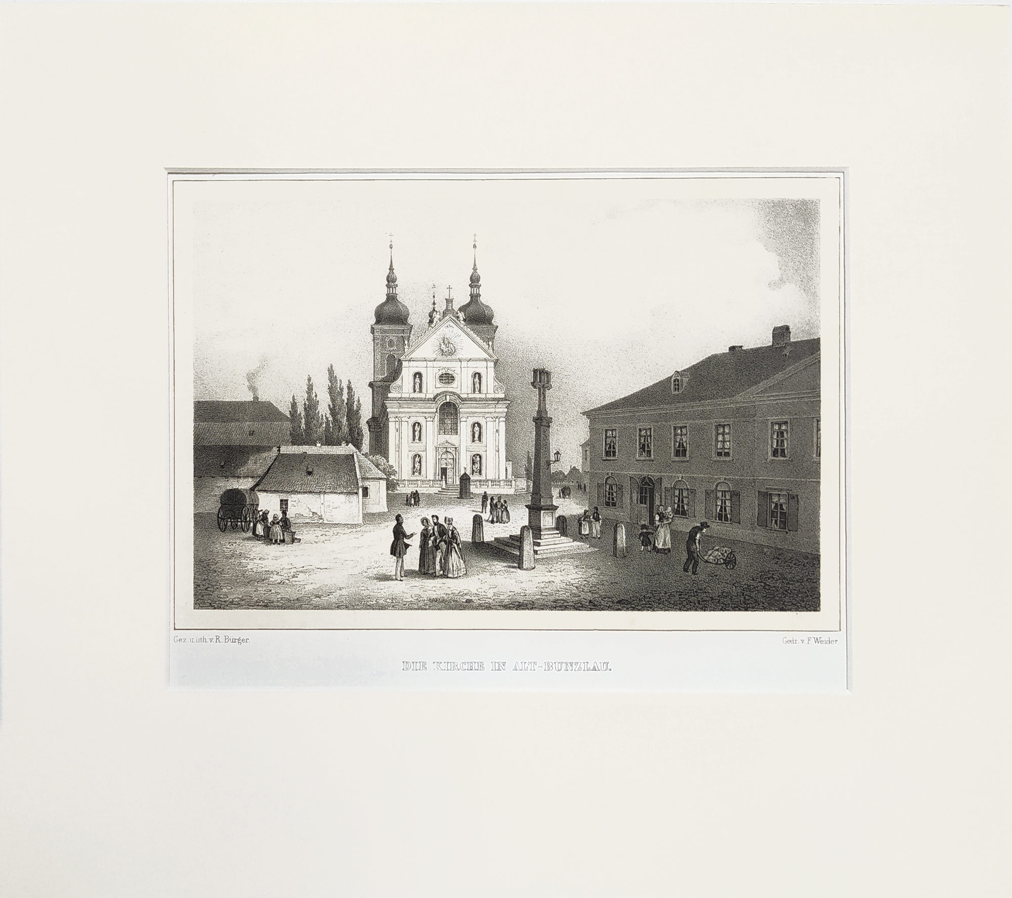 Stará Boleslav – kostel Nanebevzetí Panny Marie, Bürger Robert, původní litografie, 1845