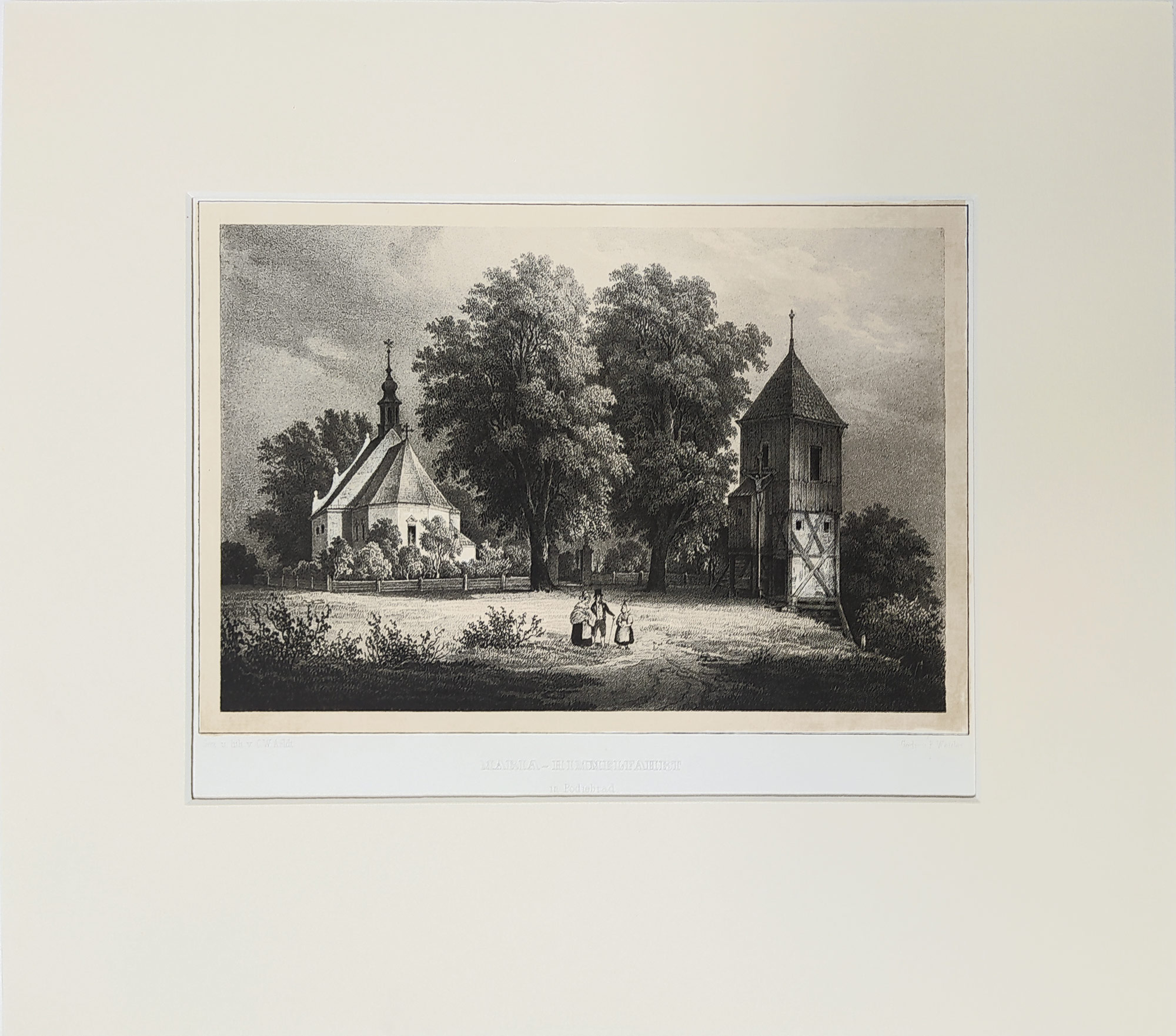 Poděbrady – kostel Nanebevzetí Panny Marie, Arldt Carl Wilhelm, původní tónovaná litografie, 1845