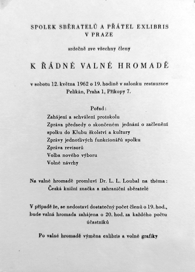 Bouda Cyril – Spolek sběratelů a přátel Ex libris v Praze, dřevoryt, 1962