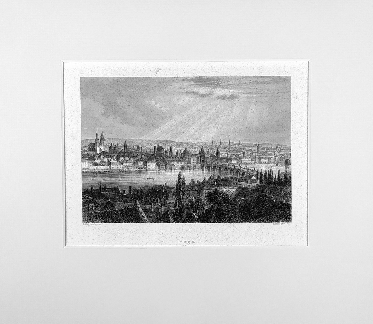 Praha – Pohled přes Karlův most na Staré Město, původní oceloryt, ca 1830
