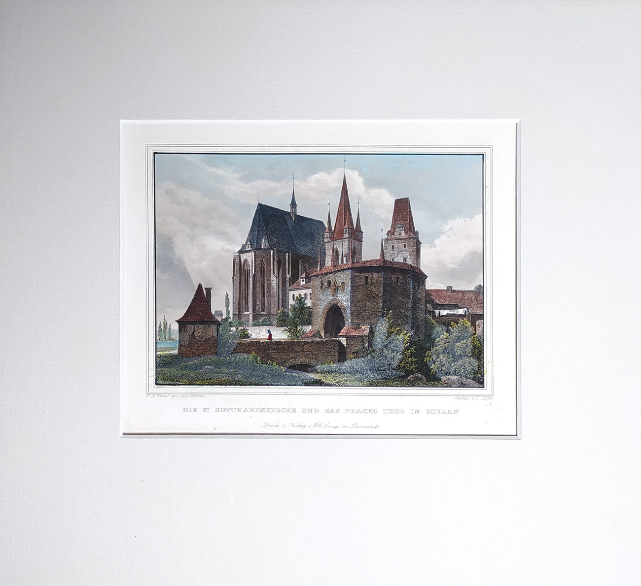 Slaný – C. Würbs, E. Höfer, veduta, staře kolorovaný původní oceloryt, 1840