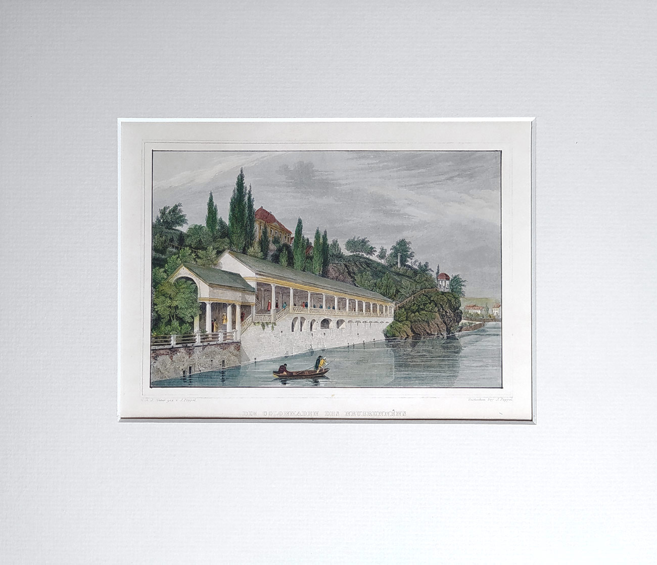 Karlovy Vary – Johann Poppel, veduta, staře kolorovaný původní oceloryt, ca 1835