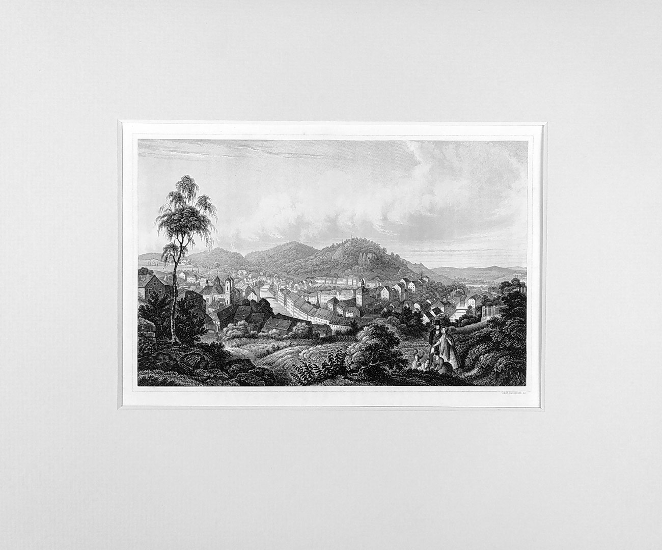 Karlovy Vary – Celkový pohled, veduta, G. a M. Metzeroth, původní oceloryt, ca 1830