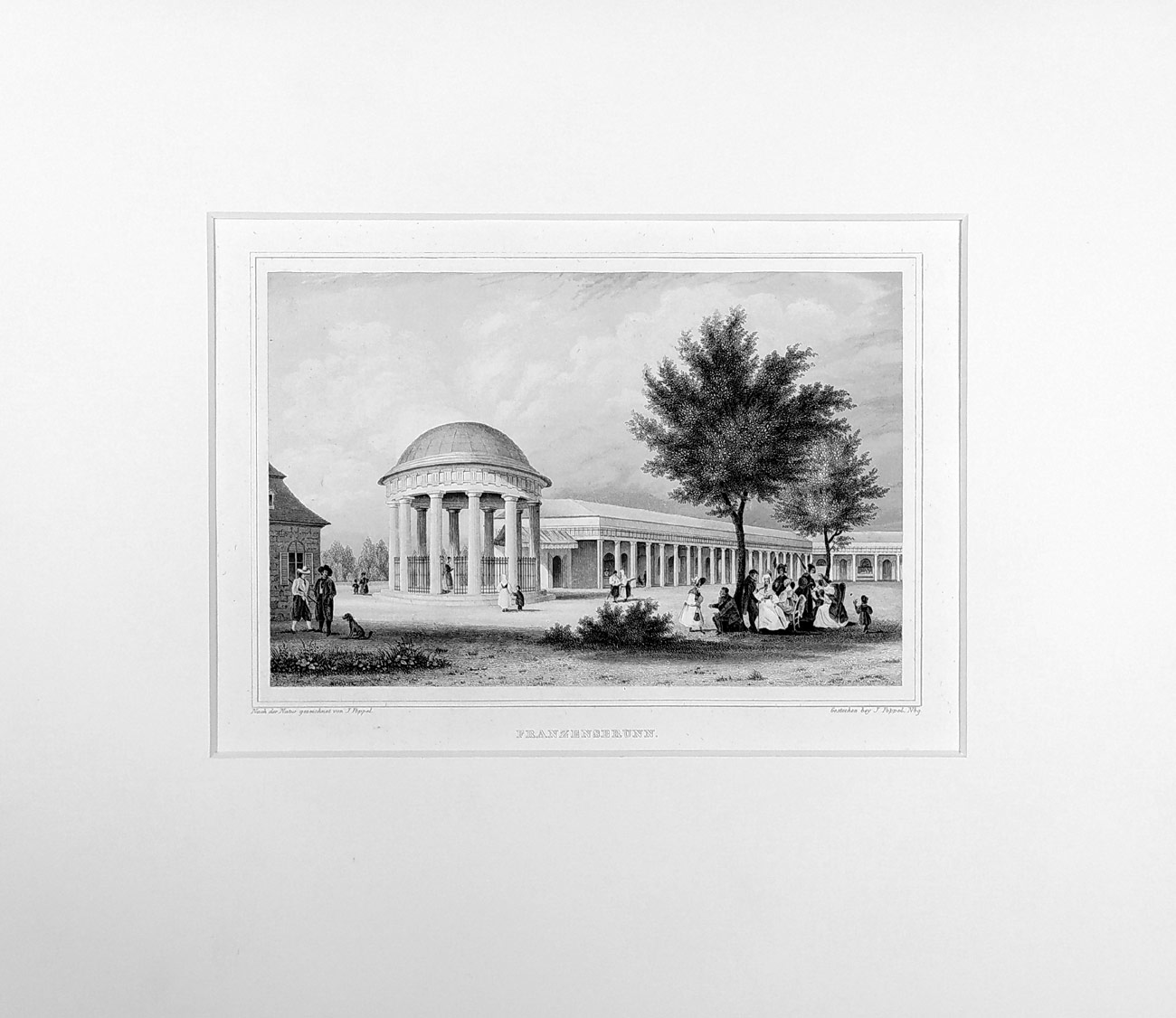 Františkovy lázně – kolonáda, Johann Poppel, původní oceloryt, ca 1835