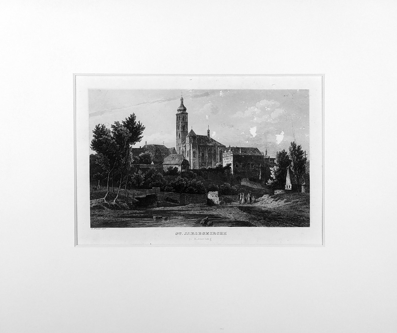 Kutná hora – Kostel sv. Jakuba, veduta, C. Würbs, původní oceloryt, ca 1850