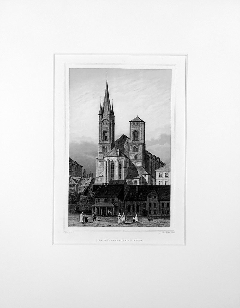 Cheb – Kostel svatého Mikuláše a svaté Alžběty, Johann Poppel, Ch. Rosée, oceloryt, ca 1835