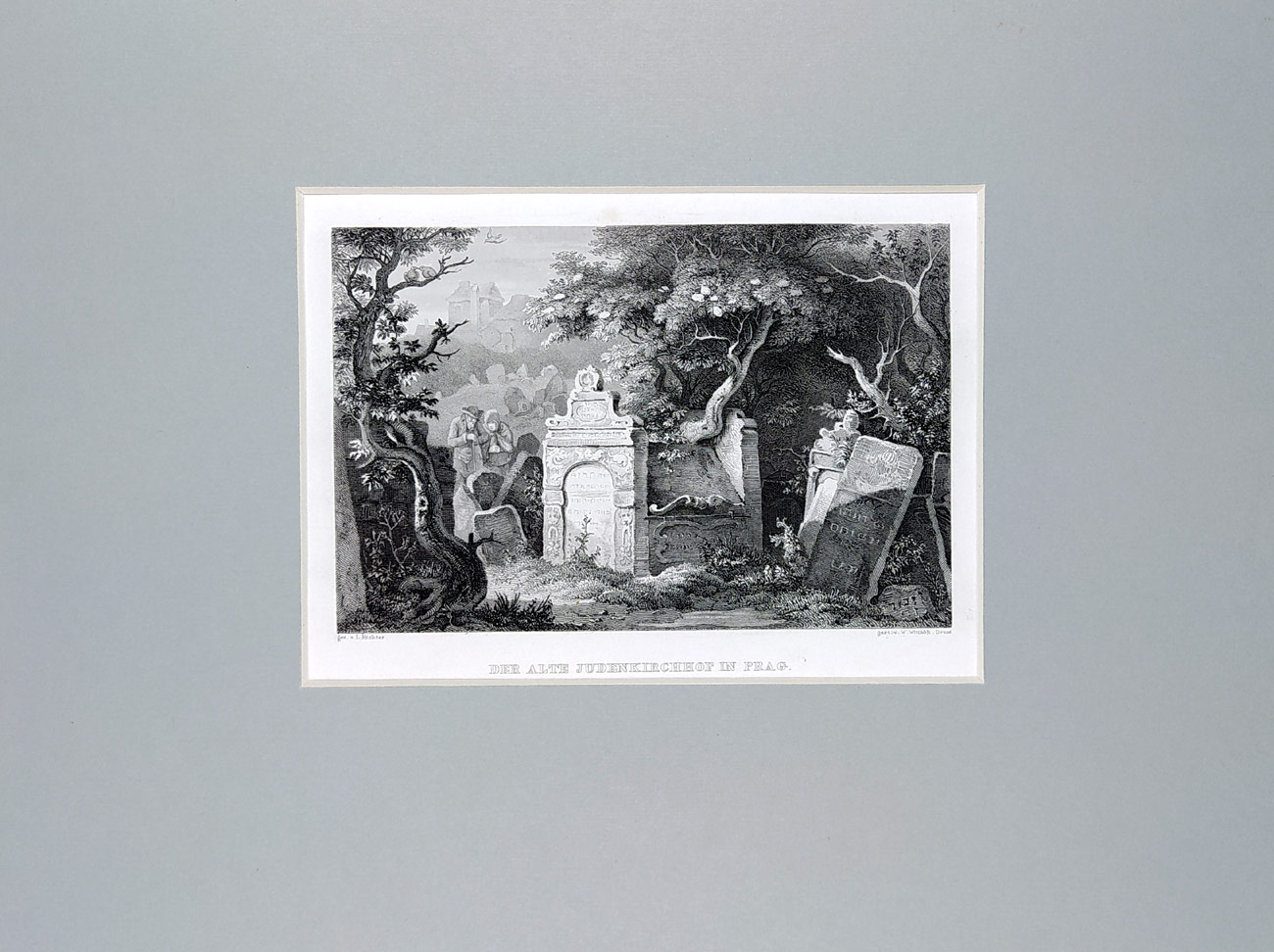 Praha – Starý židovský hřbitov, W. Witthöft, L. Richter, původní oceloryt, 1841