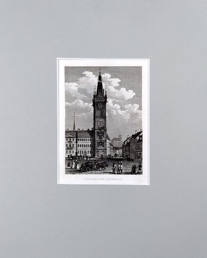 Praha – Novoměstská radnice, Václav Merklas, původní oceloryt, ca 1840