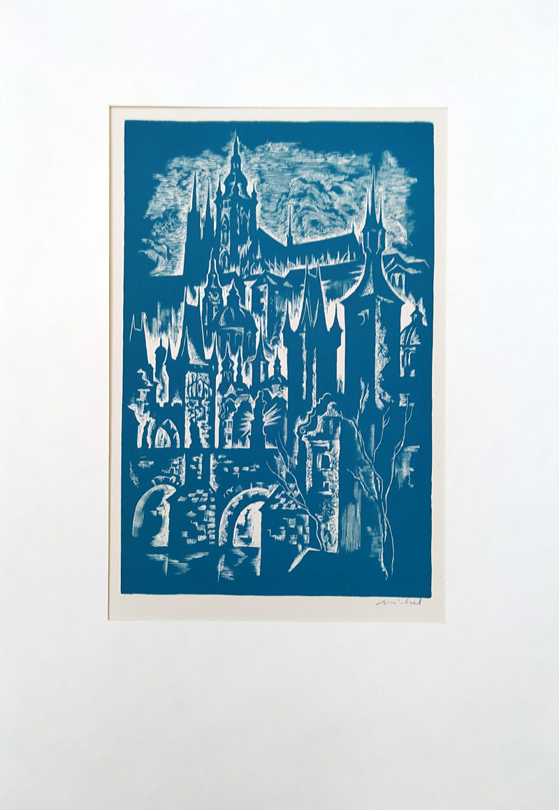 Michal Rastislav – Praha, Malá Strana a Pražský hrad, dřevoryt, ca 1970