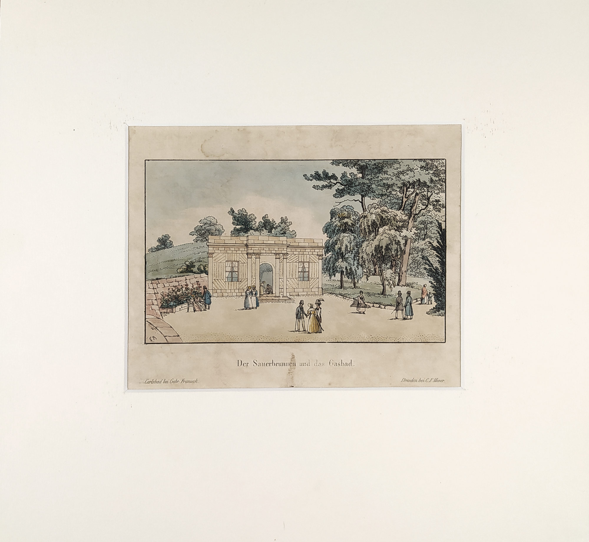Karlovy Vary – Lázně Kyselka, plynová lázeň, kolorovaná akvatinta, ca 1825