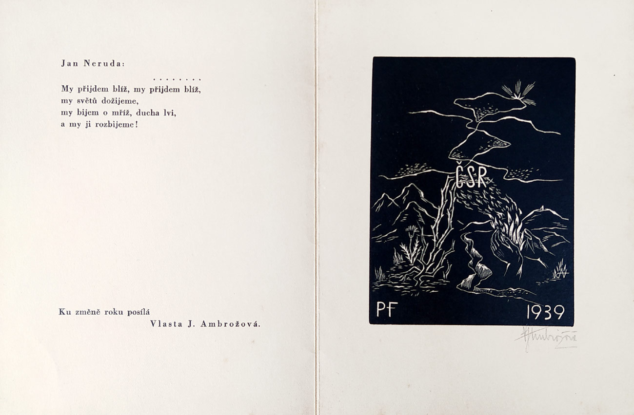 Ambrožová Jarmila Vlasta – PF 1939, dřevoryt, ca 1938