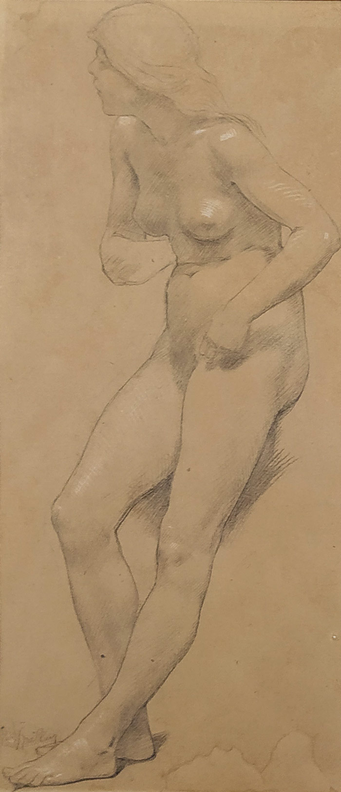 Špillar Karel – Ženský akt, kresba uhlem a bílou křídou, ca 1890–1900