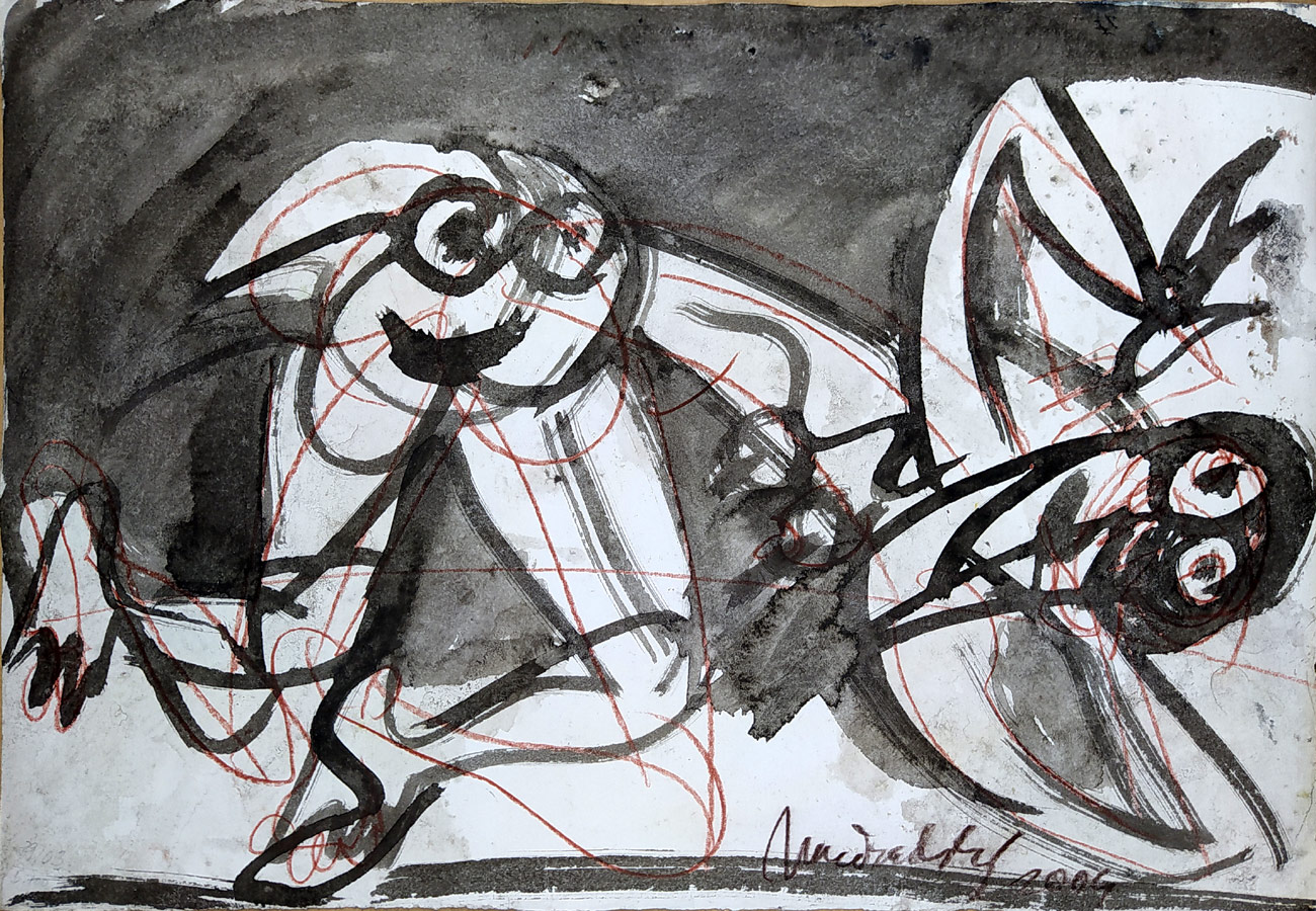 Načeradský Jiří – Bez názvu, oboustranná kresba barevnou tužkou a akvarelem, 2004