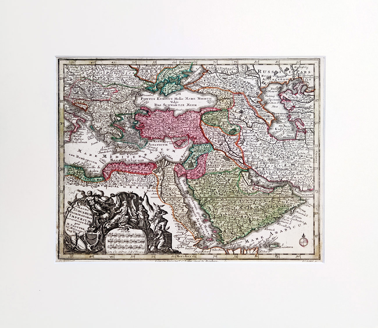 Osmanská říše – mapa Turecka, Matthäus Seutter,  staře kolorovaný  původní mědiryt, 1762