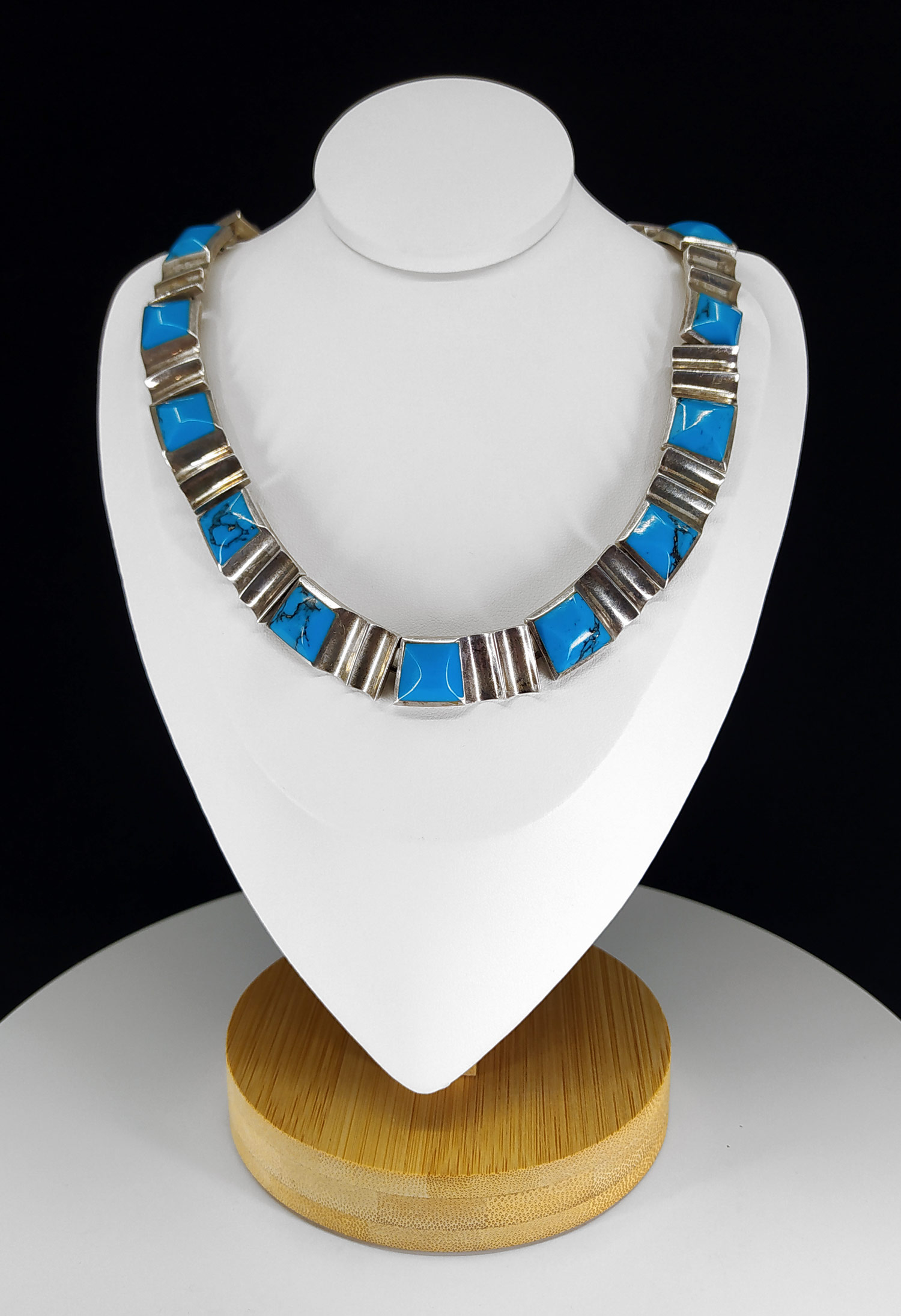 Stříbrný článkový náhrdelník s tyrkysy, Taxco, Mexiko