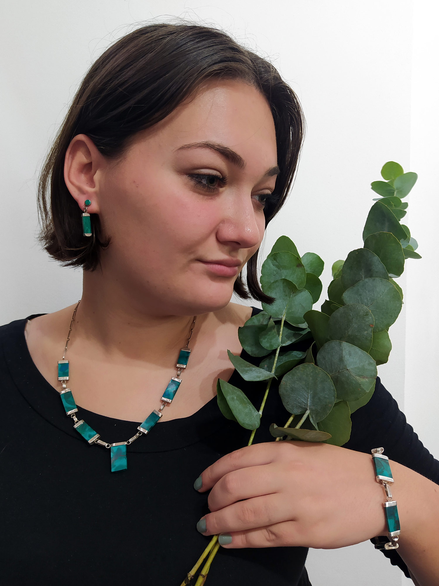 Stříbrný článkový náhrdelník, náramek a náušnice s malachity Mexiko