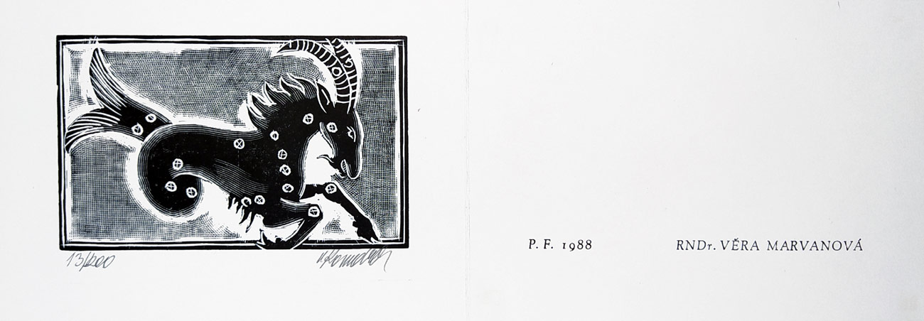 Komárek Vladimír – PF 1988 RNDr. Věra Marvanová, původní dřevoryt, 1987