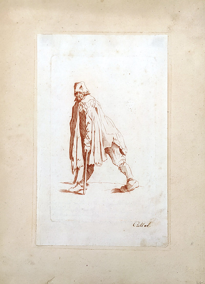 Callot Jacques – Žebrák o berlích v čepici, lept, pozdější otisk, stranově převráceno, nedatováno